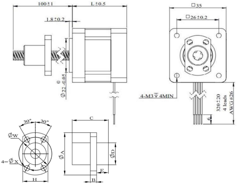 35 Series Hybrid Ball Screw Stepper Motor Mechanical dimensions