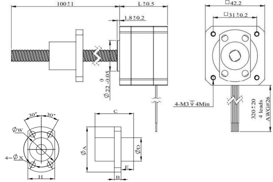 42 Series Hybrid Ball Screw Stepper Motor Mechanical dimensions
