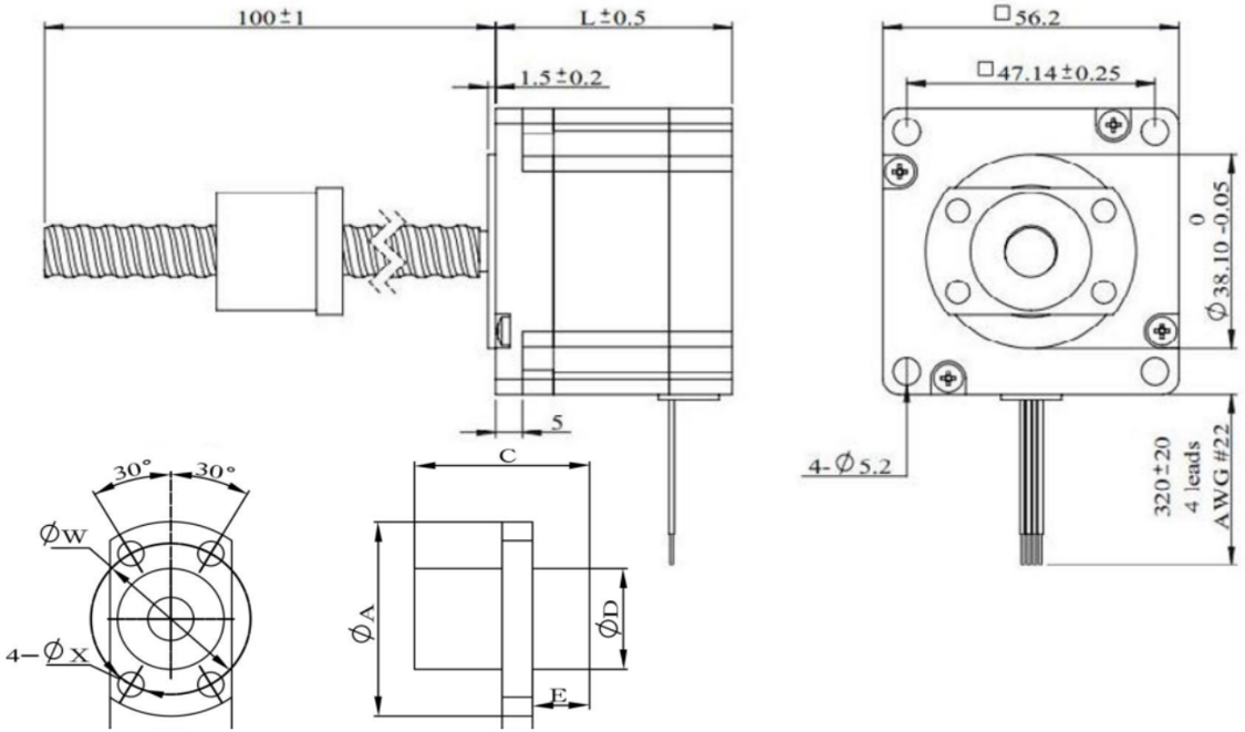57 Series Hybrid Ball Screw Stepper Motor Mechanical dimensions