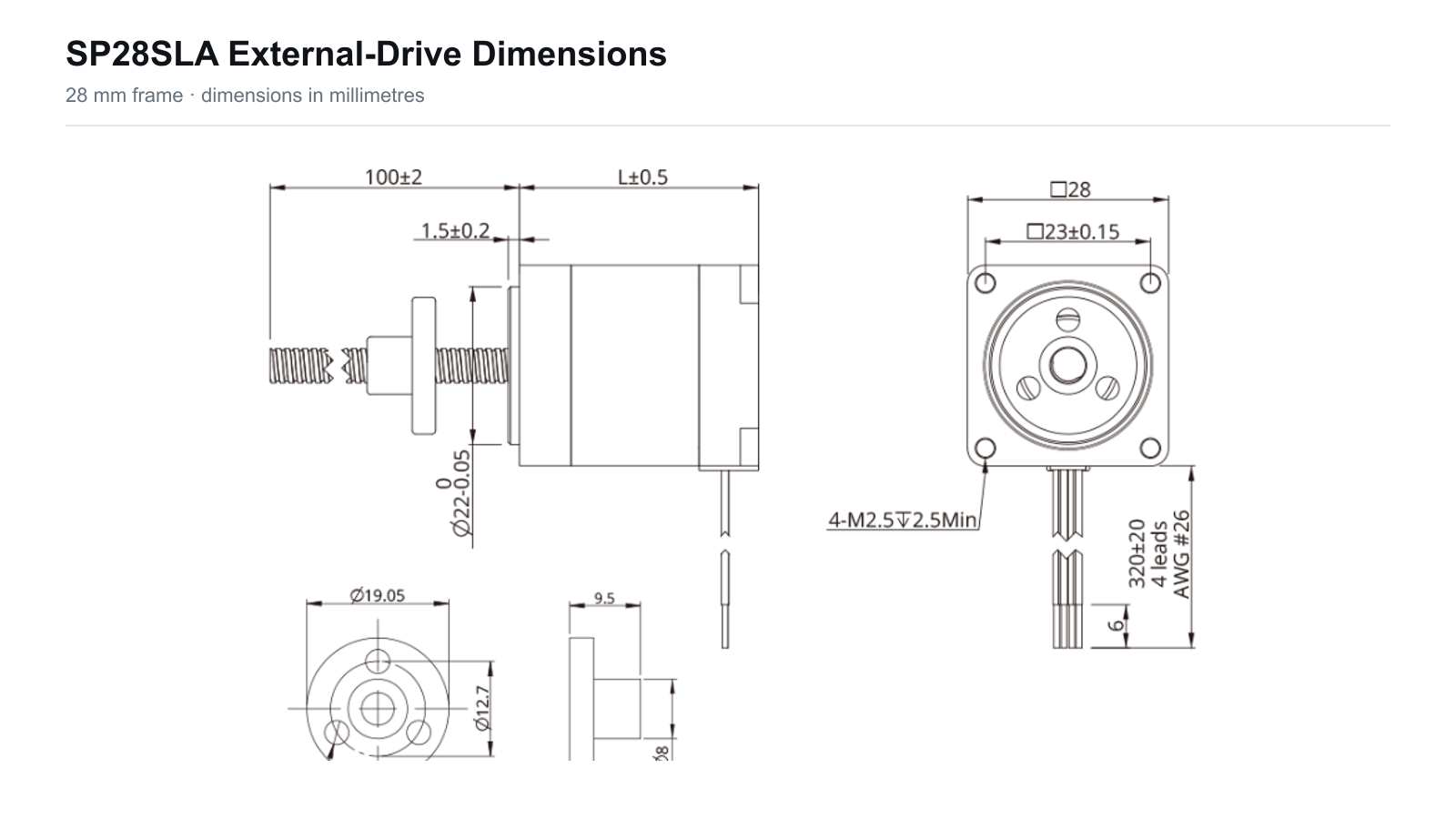 SP28SLA 28 mm Sliding Lead Screw Linear Actuator SP28SLA external drive dimensions
