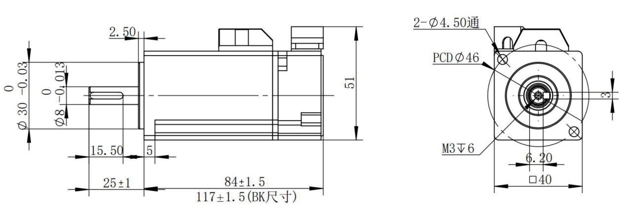 100 W 真空伺服电机机械尺寸与安装接口