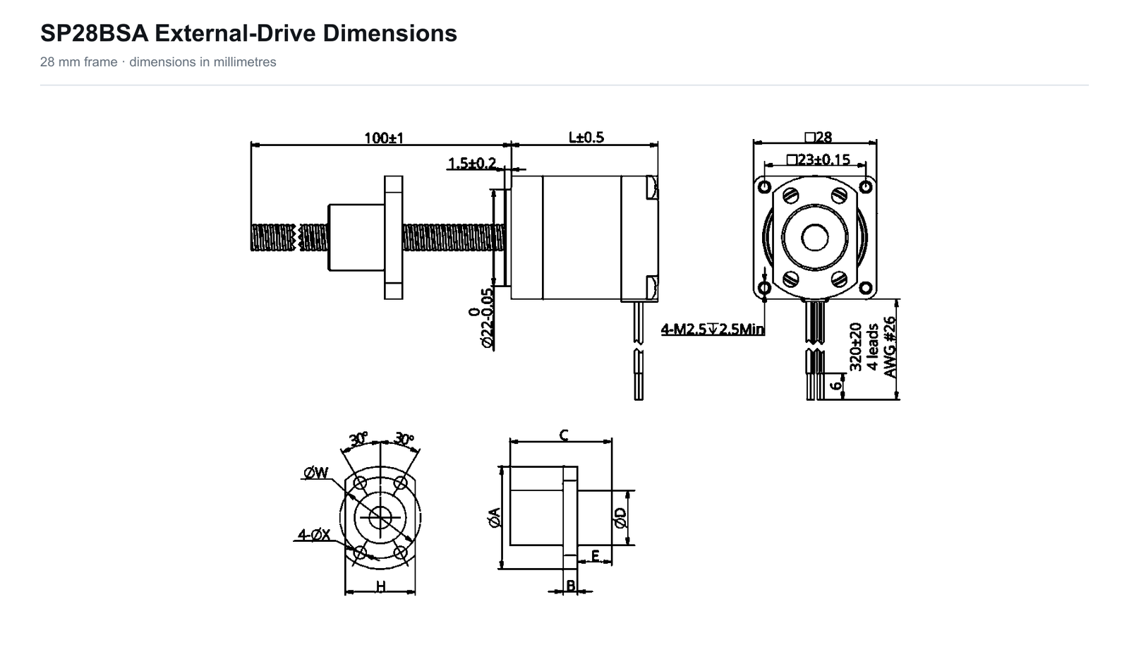 SP28BSA 28 mm ball screw linear actuator external-drive dimensions