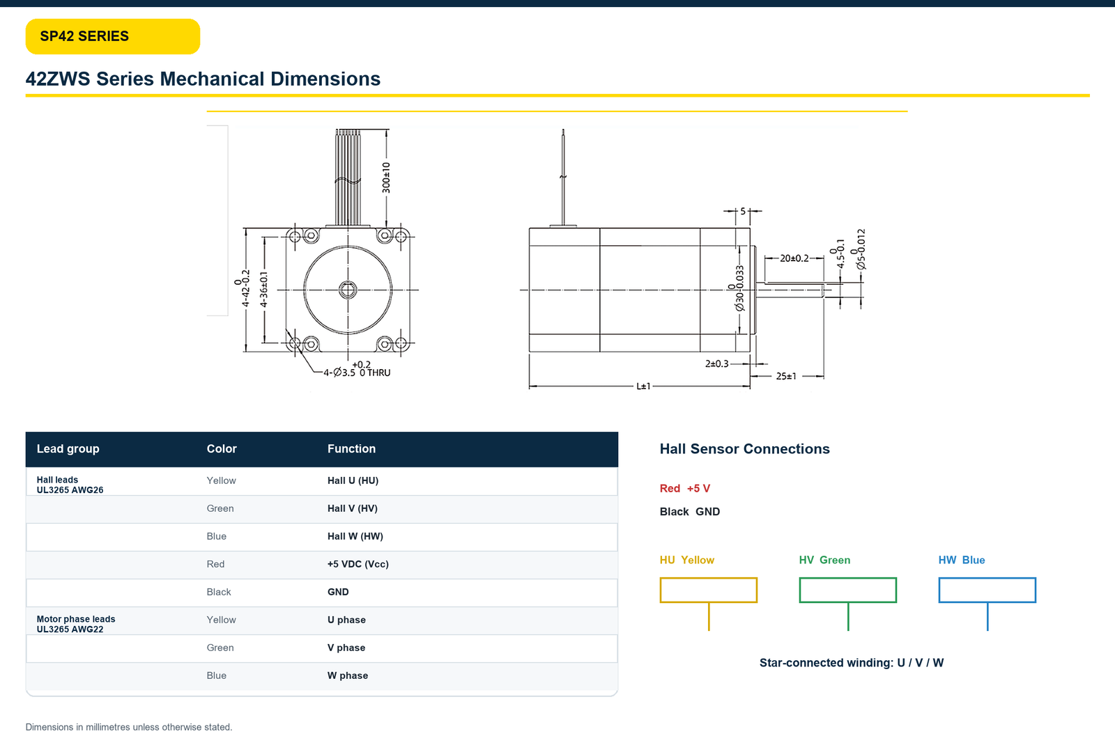 SP42 42ZWS motor dimensions and connection diagram