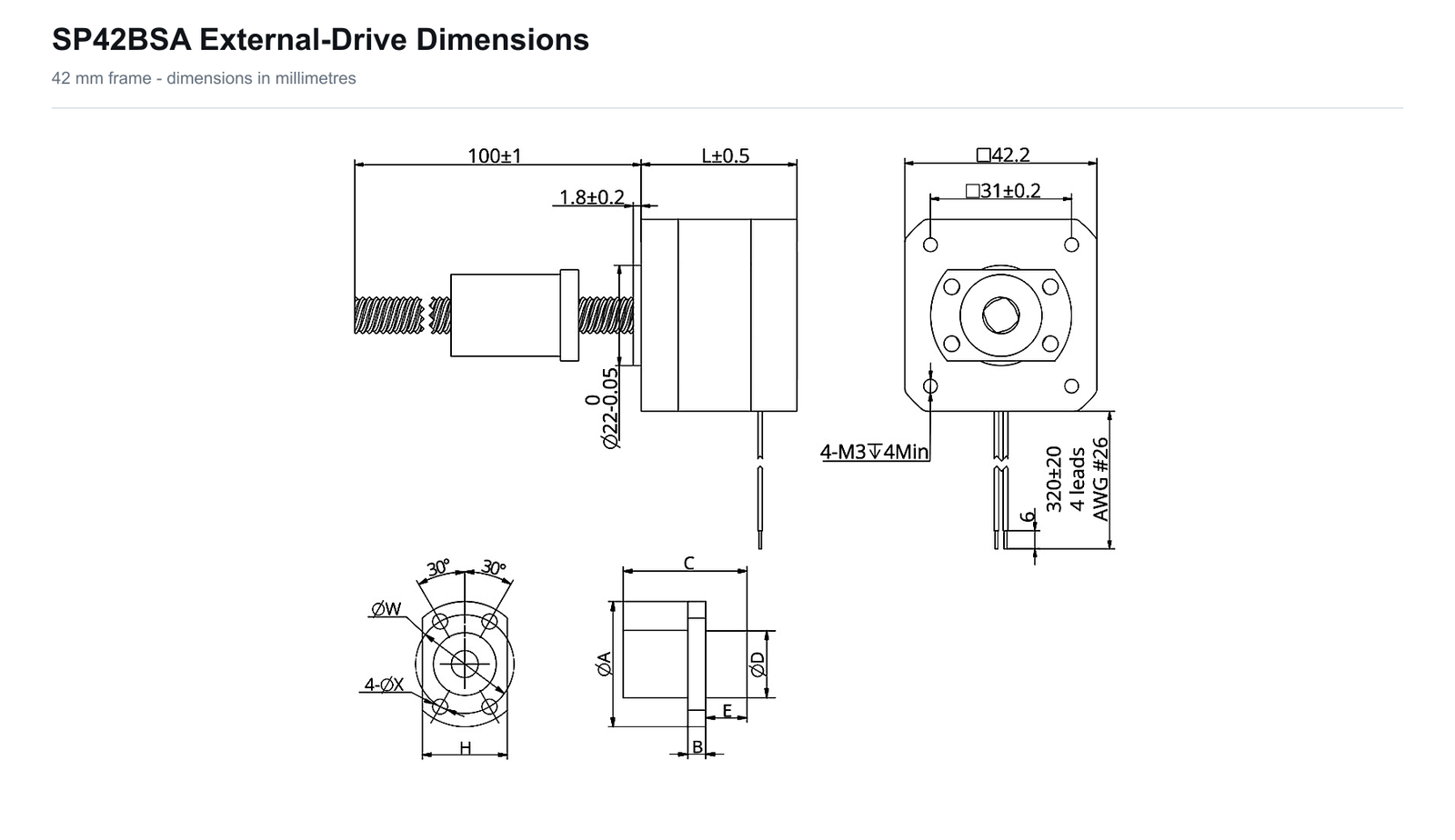 SP42BSA 42 mm 滚珠丝杆直线执行器 SP42BSA 42 mm 滚珠丝杆直线执行器外驱式尺寸