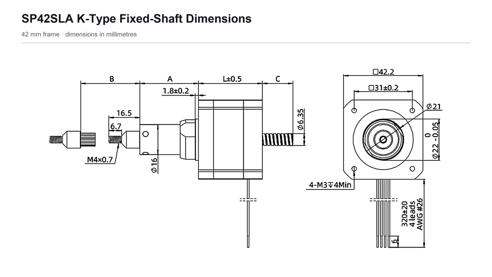 SP42SLA 42 mm Sliding Lead Screw Linear Actuator SP42SLA 42 mm K-type fixed-shaft linear actuator dimensions