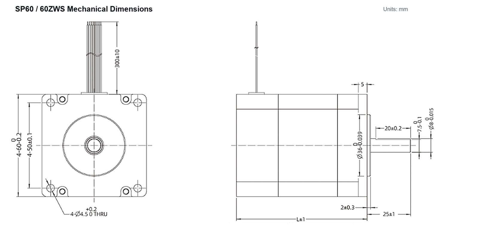 SP60 60 mm Brushless DC Motor Series SP60 60ZWS brushless DC motor mechanical dimensions