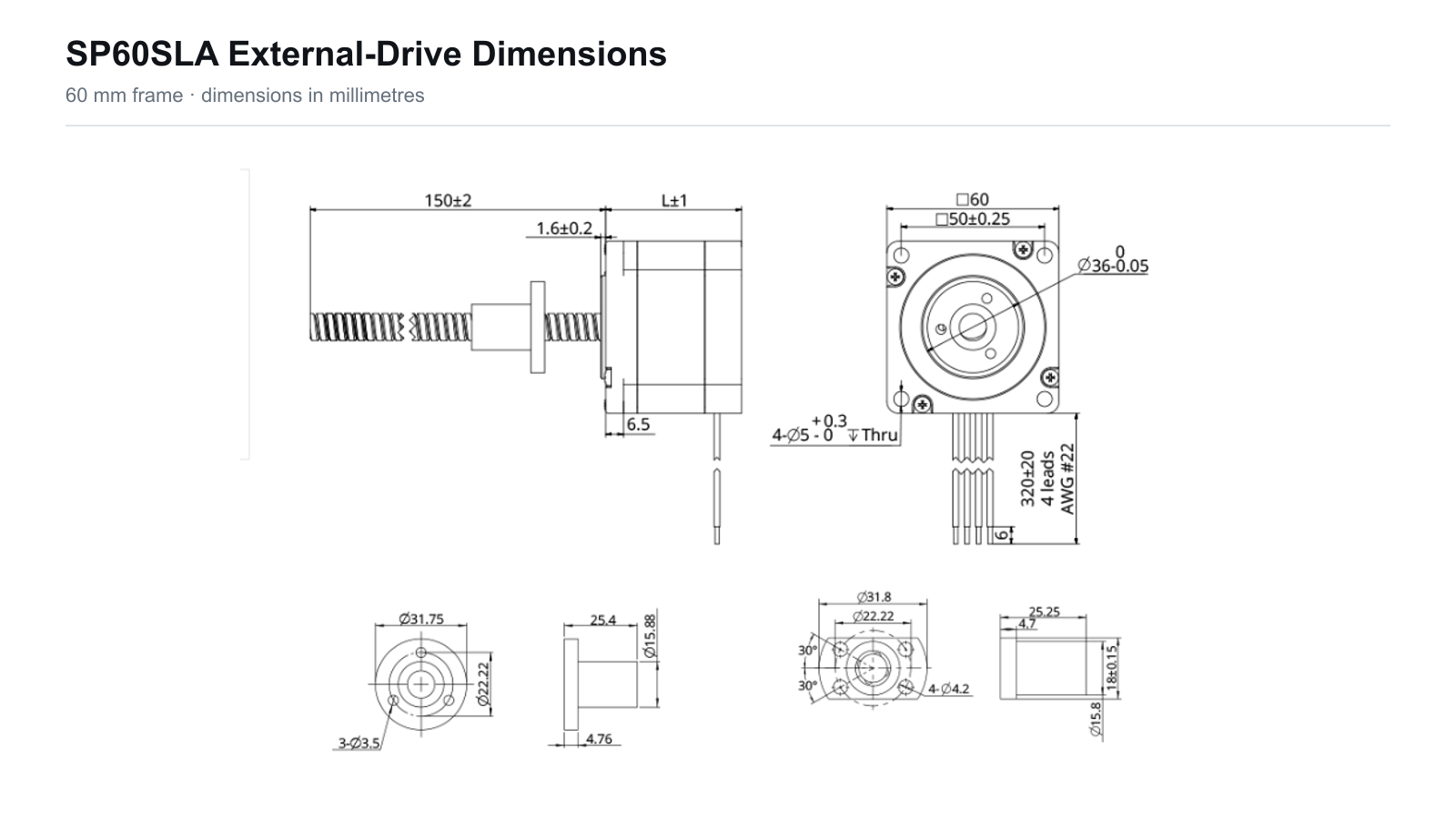 SP60SLA 60 mm Sliding Lead Screw Linear Actuator SP60SLA 60 mm external-drive actuator dimensions