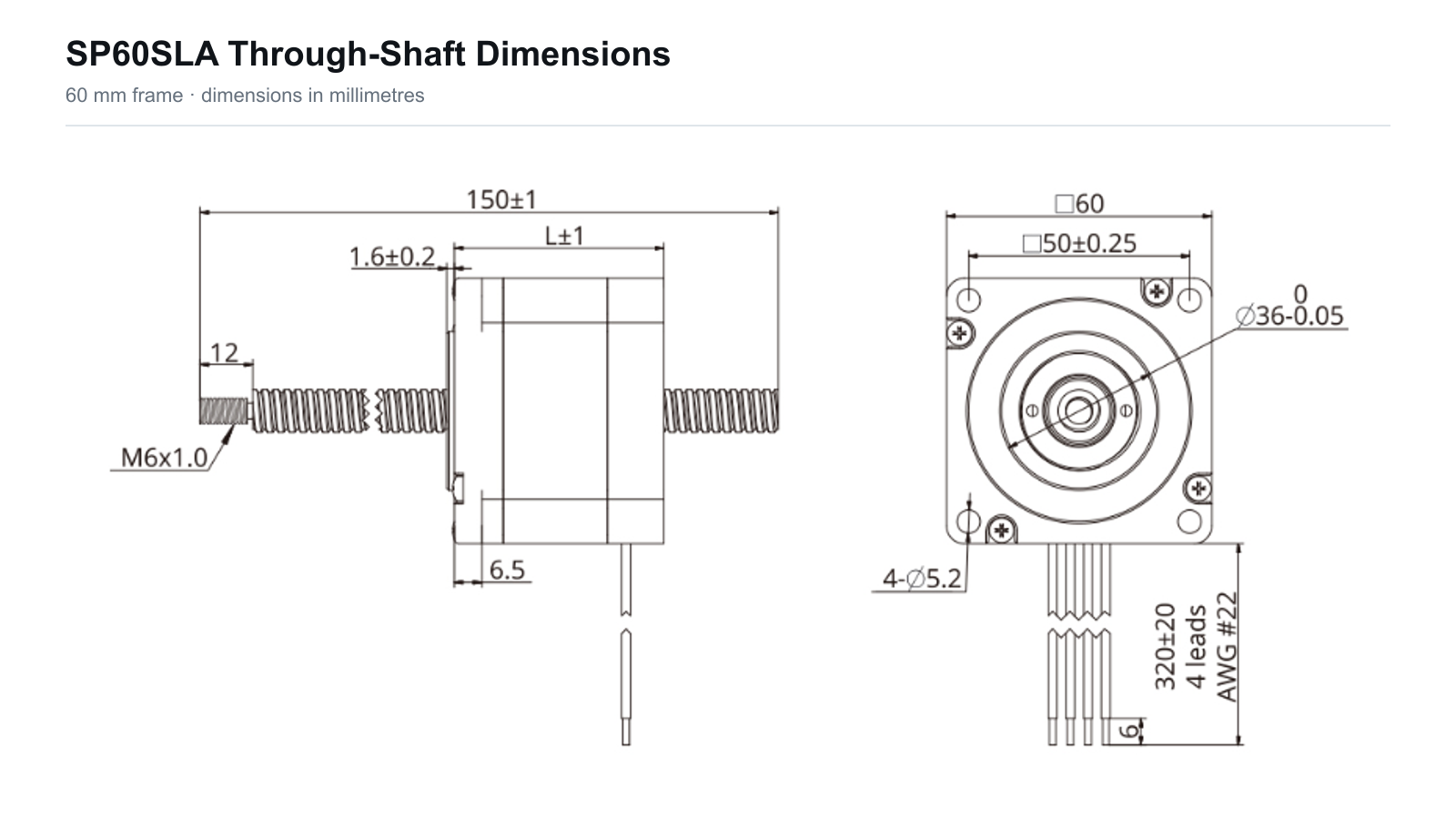 SP60SLA 60 mm Sliding Lead Screw Linear Actuator SP60SLA 60 mm through-shaft actuator dimensions