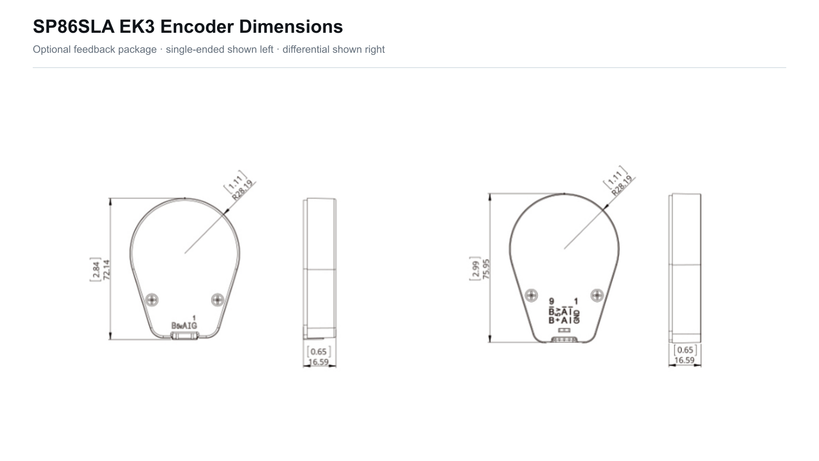 SP86SLA optional EK3 encoder dimensions and pin information
