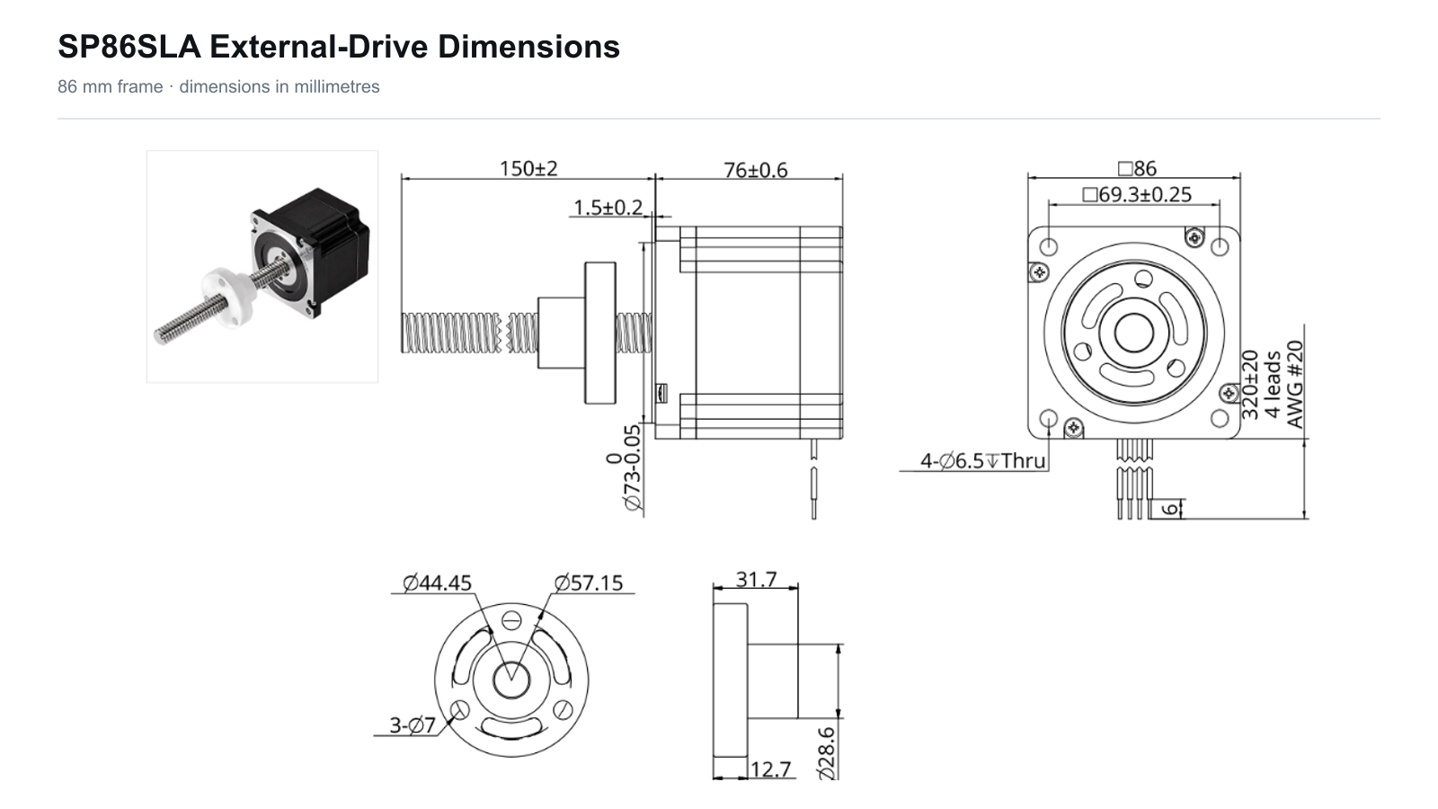SP86SLA 86 mm external-drive sliding lead screw linear actuator dimensions