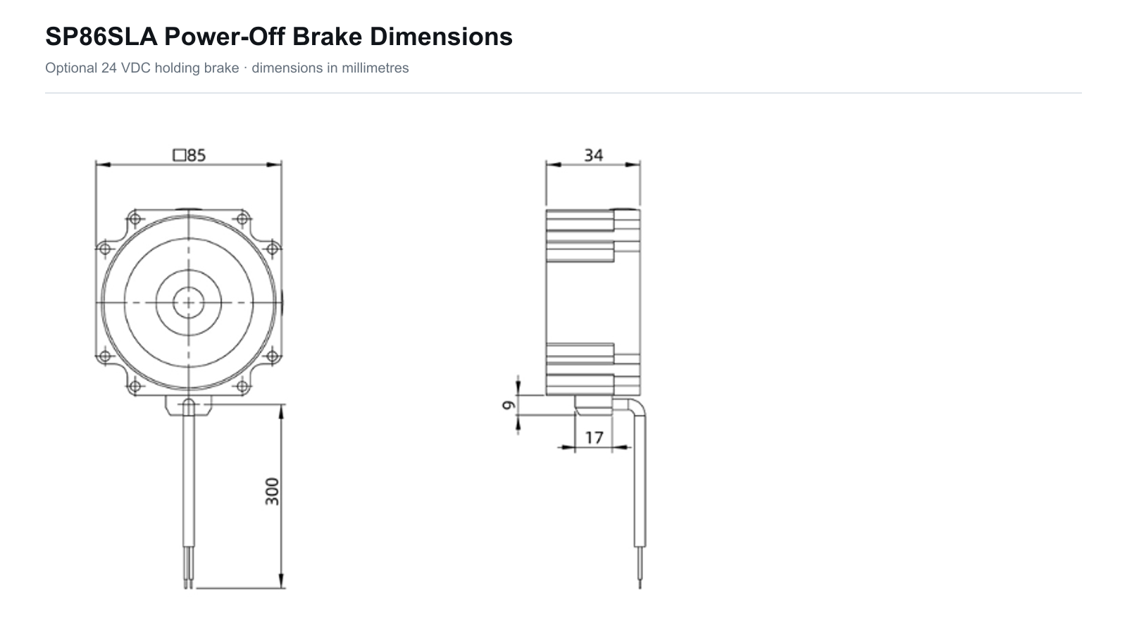 SP86SLA optional 86 series power-off brake dimensions