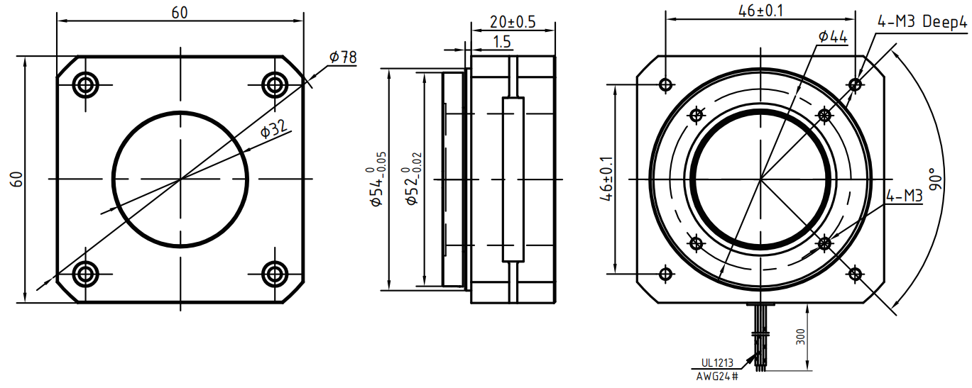 SPHYC6022032-10-V-01 60 mm 大孔径空心轴步进电机 SPHYC6022032-10-V-01 原始机械尺寸图(机身长度 20 mm)