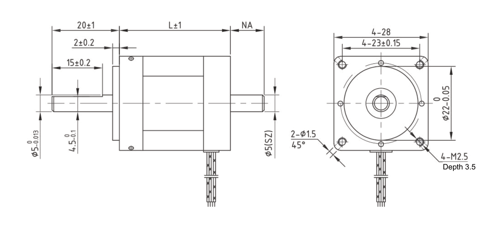 28 mm vacuum five-phase stepper motor dimension drawing